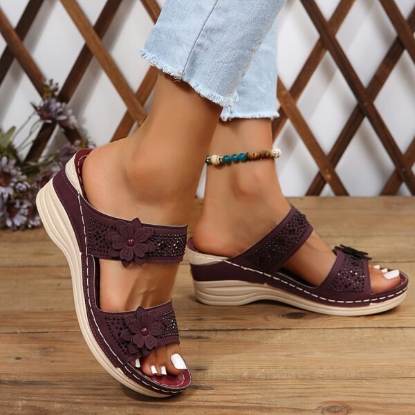 Women's Flower & Rhinestone Wedge Slippers, Solid Color Open Toe Non Slip Arch Support Slides Shoes, Casual Retro Sandals - Image 18