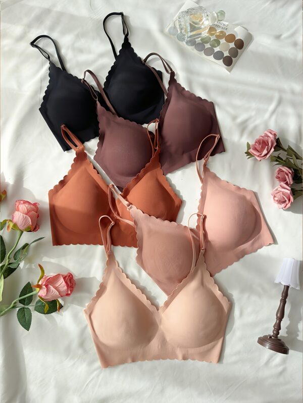 5 Pcs Elegant Solid Bras, Scallop Trim Adjustable Strap Seamless T-shirt Bra, Women's Lingerie & Underwear - Image 4