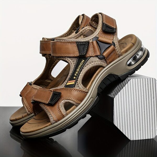 Men's Premium Leather Open-Toe Beach Sandals - Casual Summer Sport Thick Sole with Air Cushion, Adjustable Hook-and-loop Fastener Straps, Breathable Mesh Lining for Outdoor Activities, Outdoor Sandals|Adjustable Strap Sandals|Durable Construction