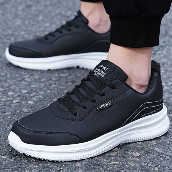Men's Lightweight Breathable Casual Sneakers - Black PU Upper & MD Sole, Round Toe Lace-Up Design for Sports Travel, Autumn Winter Spring, Sizes 39-48