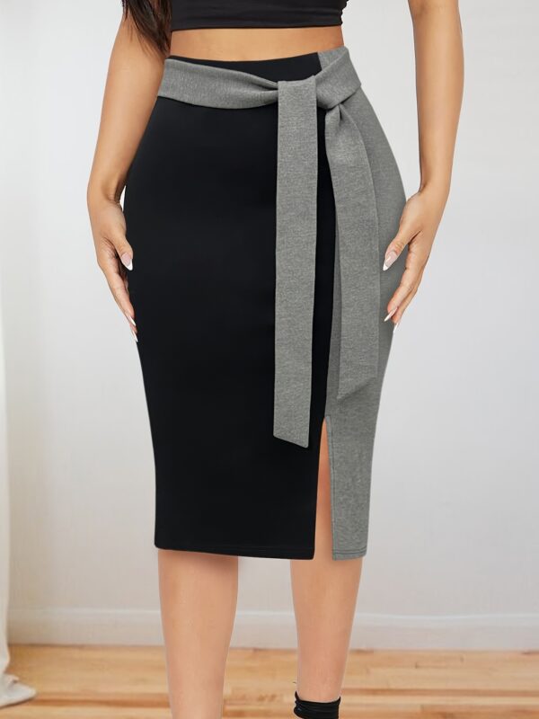 Women's Elegant Slim-Fit Color-Block Midi Skirt - Black to Burgundy Ombre with Adjustable Ribbon Bow Detail, Machine Washable H-Silhouette for Spring/Summer Office to Party Wear, Cute Skirts, Sophisticated Texture - Image 5