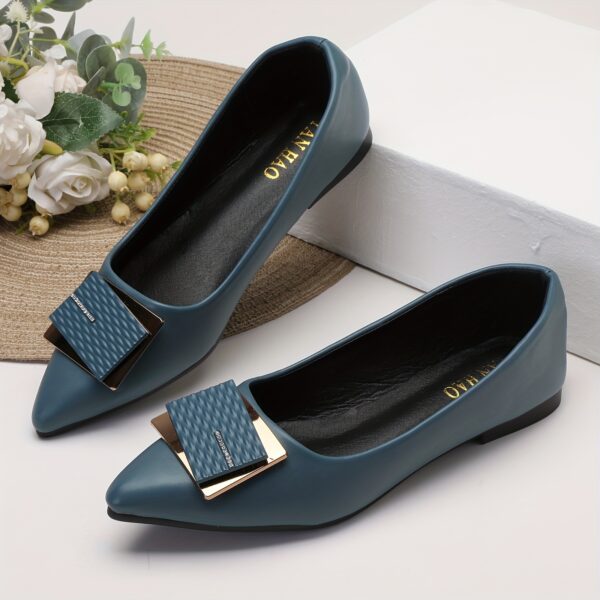 Women's Pointed Toe Flat Shoes, Fashionable Rectangle Buckle Decor Work Shoes, Versatile Elegant Flats