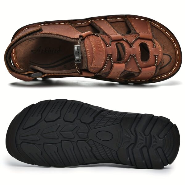 Plus Size Men's Top Grain Leather Vintage Old School Style Open Toe Breathable Sandals With Adjustable Buckle, Comfy Non Slip Durable Beach Water Shoes, Men's Footwear - Image 4