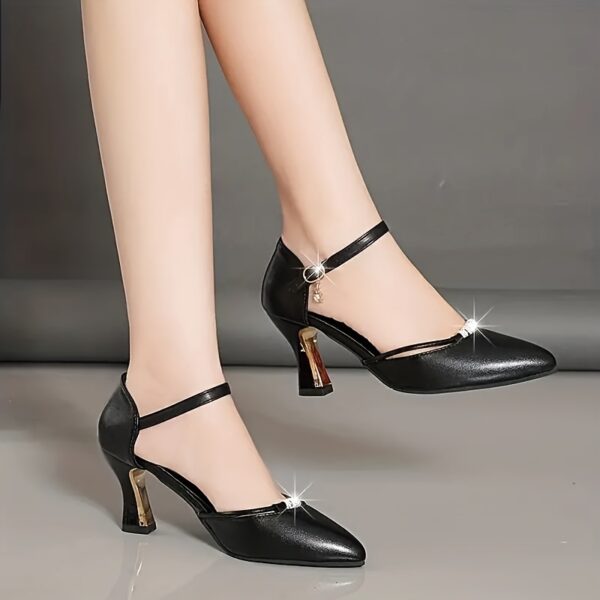 Women's Black Rhinestone-Embellished Pointed-Toe Stiletto Heel Pumps - Glossy Synthetic Cover Block Heels with Ankle Strap for Formal Events, Parties & Professional Settings, Party Shoes | Adjustable Buckle Closure