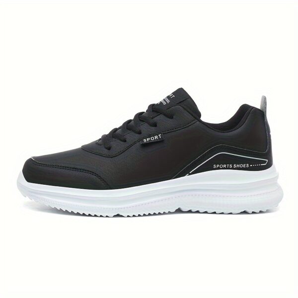 Men's Lightweight Breathable Casual Sneakers - Black PU Upper & MD Sole, Round Toe Lace-Up Design for Sports Travel, Autumn Winter Spring, Sizes 39-48 - Image 2