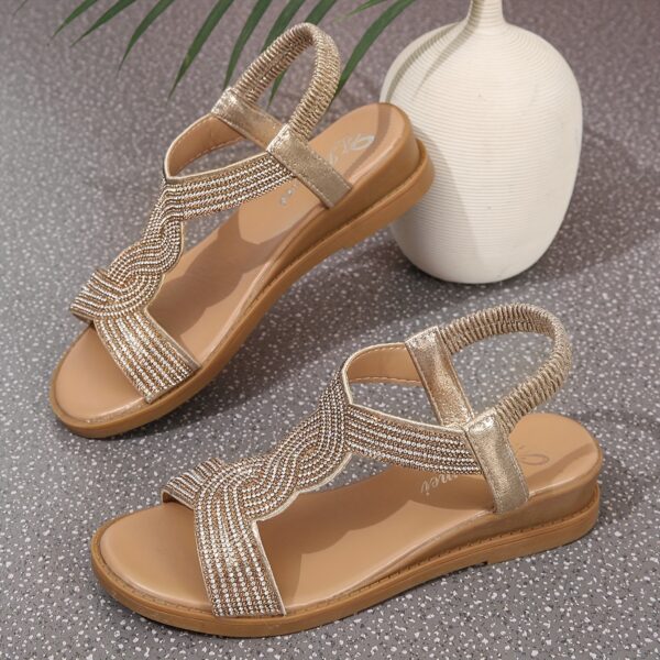 Women's Rhinestone Flat Sandasl, All-Match Open Toe Elastic Band Slip On Shoes, Summer Outdoor Beach Sandals - Image 3