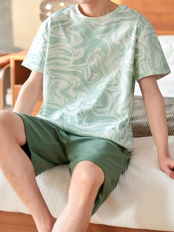 Men's Cotton Pajamas Set For Summer, Casual Thin Printed Short Sleeve Crew Neck T-shirt Graphic Tees & Shorts, Men's Loungewear Set Sleep Set - Image 2