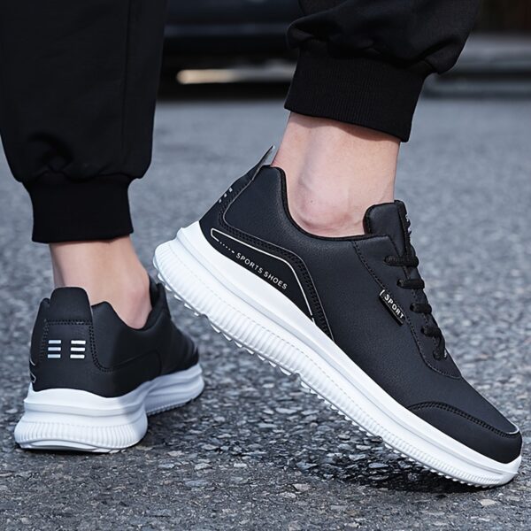 Men's Lightweight Breathable Casual Sneakers - Black PU Upper & MD Sole, Round Toe Lace-Up Design for Sports Travel, Autumn Winter Spring, Sizes 39-48 - Image 6