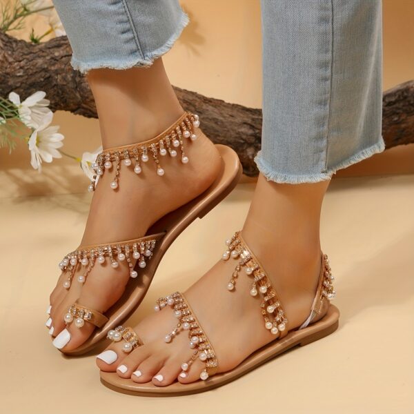 Elegant Women's Pearl-Embellished Flat Sandals - Open Toe, Anti-Slip, Comfortable Slip-On Design with Polka Dot Ankle Strap, Faux Cover Summer Shoes, Strappy Sandals - Image 16