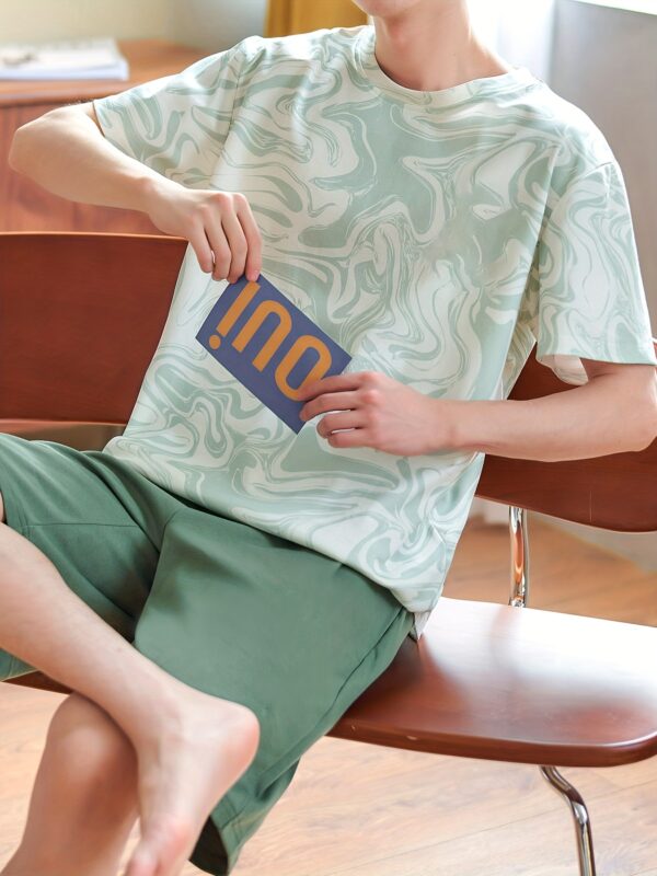 Men's Cotton Pajamas Set For Summer, Casual Thin Printed Short Sleeve Crew Neck T-shirt Graphic Tees & Shorts, Men's Loungewear Set Sleep Set - Image 3