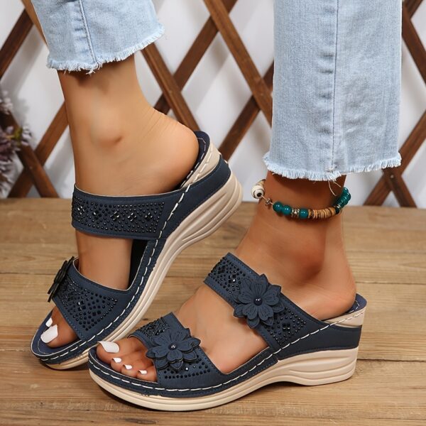 Women's Flower & Rhinestone Wedge Slippers, Solid Color Open Toe Non Slip Arch Support Slides Shoes, Casual Retro Sandals - Image 8