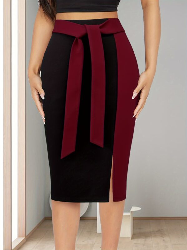 Women's Elegant Slim-Fit Color-Block Midi Skirt - Black to Burgundy Ombre with Adjustable Ribbon Bow Detail, Machine Washable H-Silhouette for Spring/Summer Office to Party Wear, Cute Skirts, Sophisticated Texture