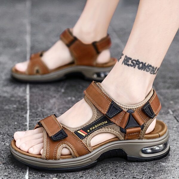Men's Premium Leather Open-Toe Beach Sandals - Casual Summer Sport Thick Sole with Air Cushion, Adjustable Hook-and-loop Fastener Straps, Breathable Mesh Lining for Outdoor Activities, Outdoor Sandals|Adjustable Strap Sandals|Durable Construction - Image 14
