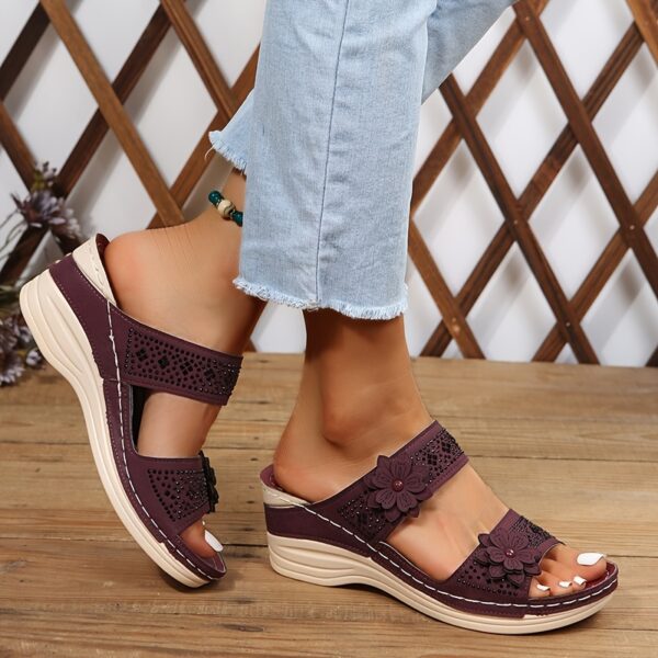 Women's Flower & Rhinestone Wedge Slippers, Solid Color Open Toe Non Slip Arch Support Slides Shoes, Casual Retro Sandals - Image 16