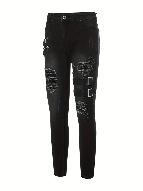 Men's Streetwear Distressed Skinny Jeans with Zipper Pockets - Stretch Denim Regular Fit Blue Casual Pants for All-Season Wear, Street Style Clothing | Ripped Design Jeans | Durable Fabric Jeans, Ripped Jeans - Image 4