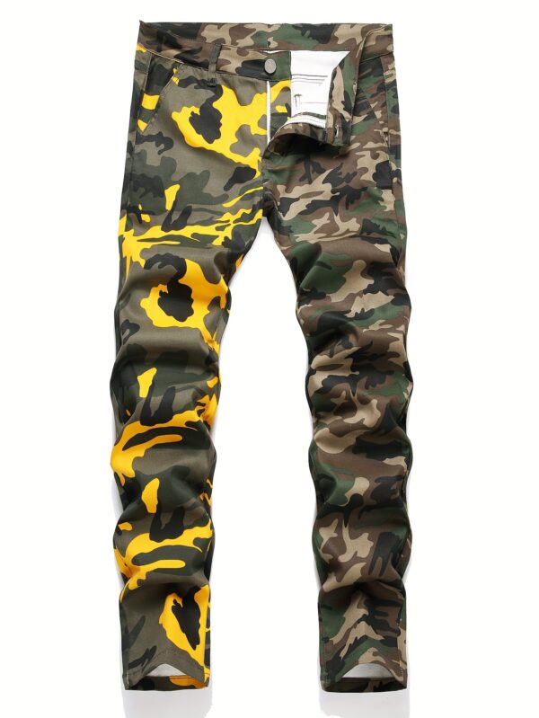 Men's Casual Camouflage Pattern Cotton Blend Pants, Street Style Medium Stretch Trousers, Barrel Jeans