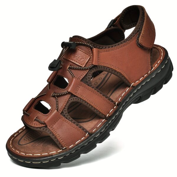 Plus Size Men's Top Grain Leather Vintage Old School Style Open Toe Breathable Sandals With Adjustable Buckle, Comfy Non Slip Durable Beach Water Shoes, Men's Footwear - Image 6