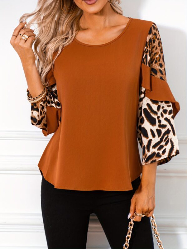 Women's Casual Satin Top with Leopard Print Contrast Sleeves & Round Neck - Spring Summer Fall Versatile Blouse for Casual Attire, Seasonal Fashion, Elegant Design - Image 3