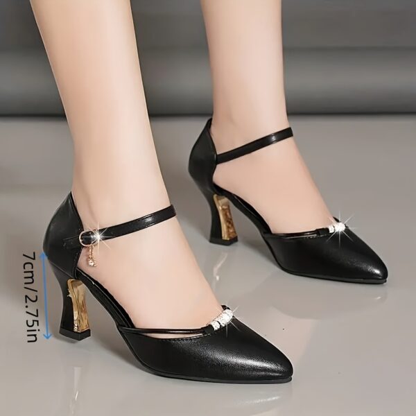 Women's Black Rhinestone-Embellished Pointed-Toe Stiletto Heel Pumps - Glossy Synthetic Cover Block Heels with Ankle Strap for Formal Events, Parties & Professional Settings, Party Shoes | Adjustable Buckle Closure - Image 9