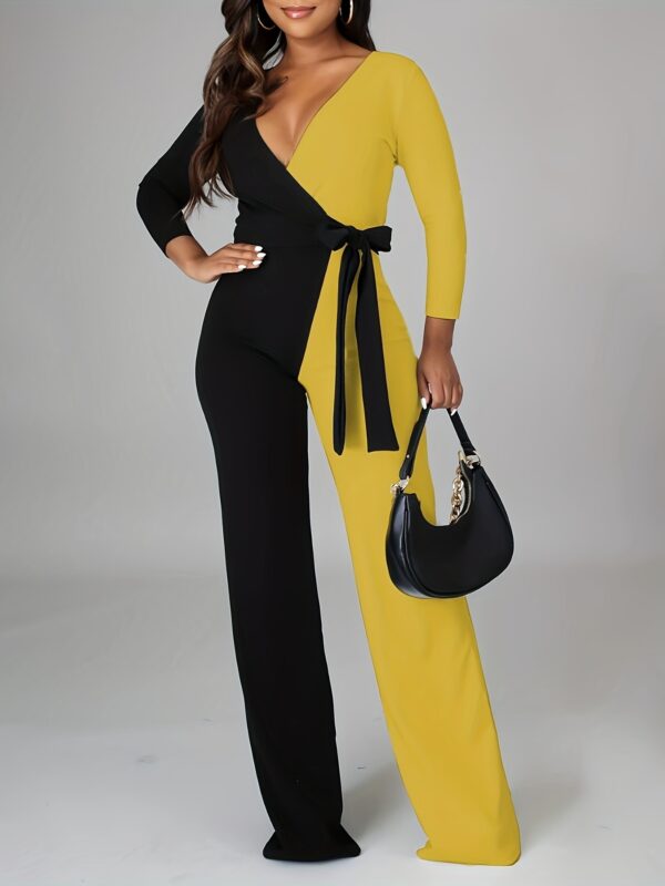 Women's Elegant Long Sleeve V-Neck Color-Block Jumpsuit - Adjustable Tie Waist Wide-Leg Romper, Black to Yellow Ombre, Machine Washable All-Season Vacation & Casual Outfit, Ladies Rompers And Jumpsuits, Sophisticated Design - Image 6