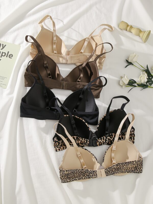 5pcs Leopard & Solid T-Shirt Bras, Comfy & Breathable Push Up Bra, Women's Lingerie & Underwear - Image 2