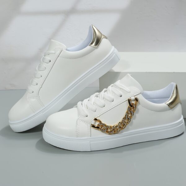 Women's Low-Top White Sneakers with Golden-Tone Chain Accents - Upper, Breathable Mesh Lining & TPR Sole - All-Season Casual Shoes for Casual Attire, Ladies Sneakers, Versatile Footwear, Trendy Footwear, Comfortable Fit, Urban Lifestyle - Image 2