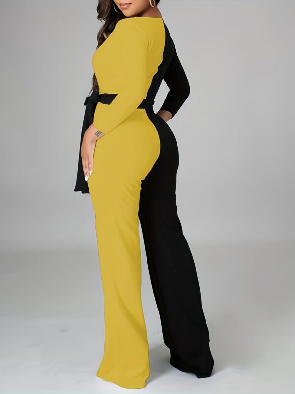 Women's Elegant Long Sleeve V-Neck Color-Block Jumpsuit - Adjustable Tie Waist Wide-Leg Romper, Black to Yellow Ombre, Machine Washable All-Season Vacation & Casual Outfit, Ladies Rompers And Jumpsuits, Sophisticated Design - Image 12