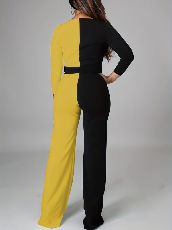 Women's Elegant Long Sleeve V-Neck Color-Block Jumpsuit - Adjustable Tie Waist Wide-Leg Romper, Black to Yellow Ombre, Machine Washable All-Season Vacation & Casual Outfit, Ladies Rompers And Jumpsuits, Sophisticated Design - Image 18