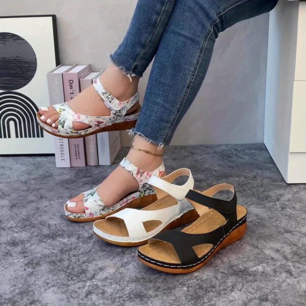 Women's White Casual Summer Sandals - Open-Toe Comfortable Beach Shoes with Adjustable Hook-and-Loop Strap, Thick Cushioned Wedge Heel & PU Cover for Casual Outings, Shopping, or Seaside Strolls, Strappy Sandals, Open Toe Design, Durable Footwear - Image 23