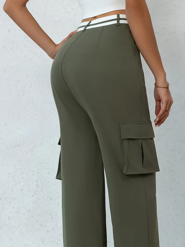 Women'S Loose Fit Casual Cargo Pants with Contrast Color Waist, Button and Zipper Closure, Side Pockets, Wide Leg Design, All-Season Wear, Straight Leg Trousers - Image 3