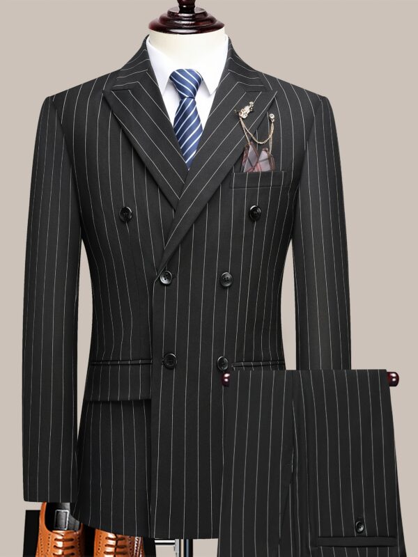 Latest Men'S Suit Striped Double-Breasted Suit Spring/ Summer/ Autumn Thin Two-Piece Set with Frill Collar Striped Style Four Buttons Suit Business And Casual Dress Collar Necklace Decoration Slimming Dress Casual Suit White Suit - Image 3
