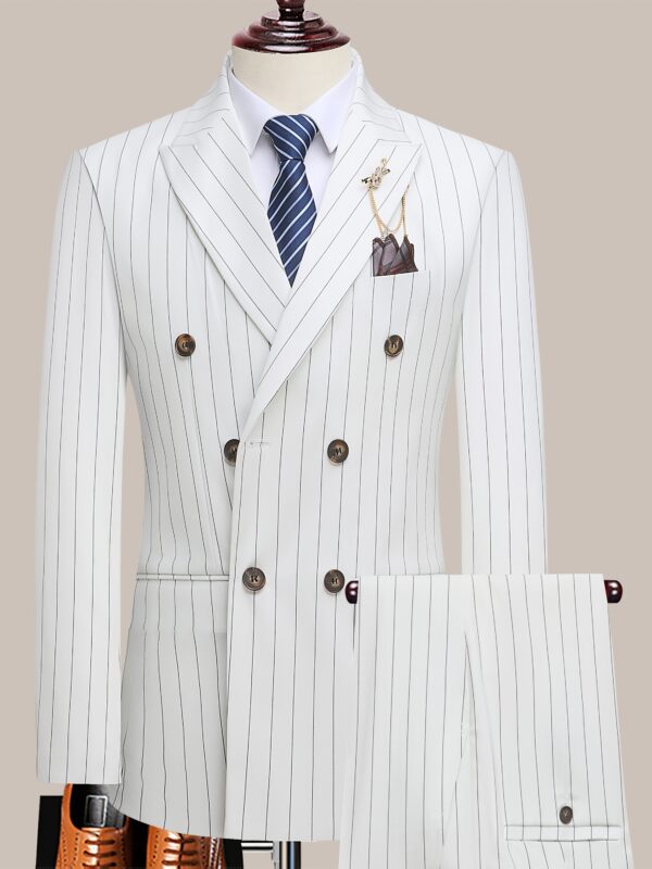 Latest Men'S Suit Striped Double-Breasted Suit Spring/ Summer/ Autumn Thin Two-Piece Set with Frill Collar Striped Style Four Buttons Suit Business And Casual Dress Collar Necklace Decoration Slimming Dress Casual Suit White Suit - Image 4