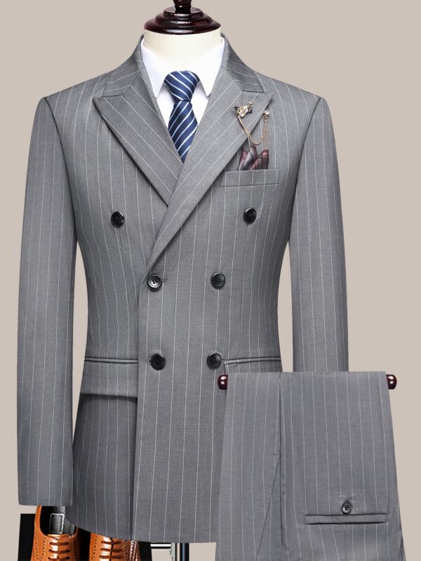 Latest Men'S Suit Striped Double-Breasted Suit Spring/ Summer/ Autumn Thin Two-Piece Set with Frill Collar Striped Style Four Buttons Suit Business And Casual Dress Collar Necklace Decoration Slimming Dress Casual Suit White Suit - Image 2