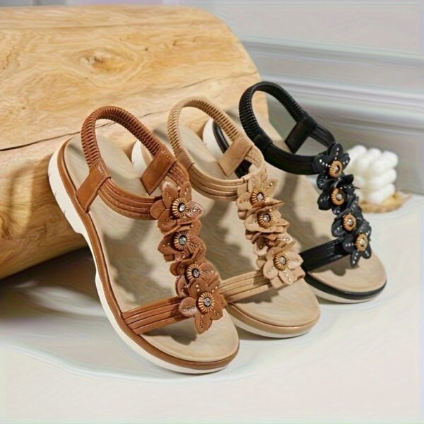 Women'S Elegant Beaded Flat Sandals - Adjustable Elastic Band, Non-Slip TPR Sole, Open-Toe Summer Beach Shoes in Brown & Black, Comfortable Casual Footwear, Strappy Sandals