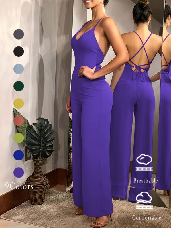 Cross Tie Back V-neck Jumpsuit, Sexy Solid Backless Jumpsuit For Spring & Summer, Women's Clothing - Image 5