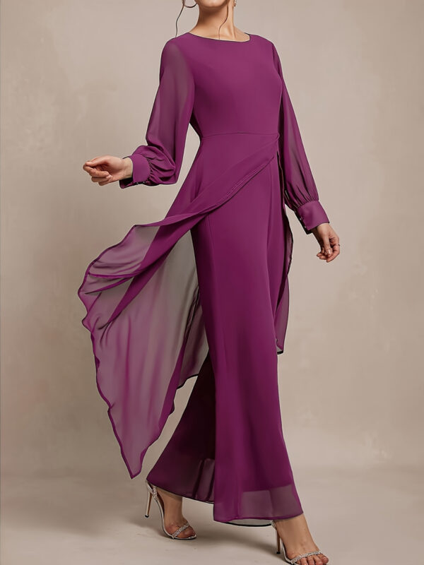 Women'S Elegant Two-Piece Set: Stylish Purple Off-Shoulder Blouse with Flowing Sleeves, Wide-Leg Pants, and Chic Accessories - Perfect for Fall, Versatile Fall Outfit|Elegant Two-Piece Set|Polyester Fabric - Image 3