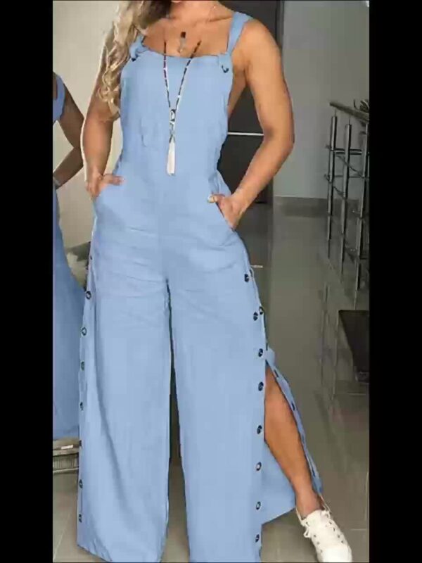 Women'S Light Blue Sleeveless Wide-Leg Jumpsuit with Side Pockets & Adjustable Straps - Casual Y2K Style, Button-Up Design, Perfect for Spring/Summer/Fall, Ladies Jumpsuits, Casual Attire, Side Pocket Jumpsuit, Comfortable Fit - Image 6