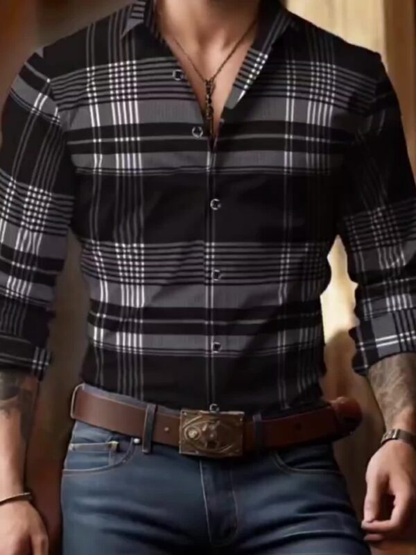 Men's Plaid Print Long Sleeve Shirt, Detailed Floral Design, Versatile Business Casual Outing Streetwear Shirt, Perfect Gift for Husband - Image 11