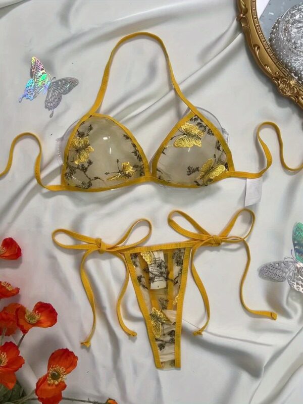 Y975 Butterfly Embroidery Mesh Lingerie Set - Sexy Drop Waist Thong with Golden & White Butterfly Design, Light Support, No Padding, Adult Women'S Fashion, Elegant Lingerie|Butterfly Print|Elastic Fabric - Image 11