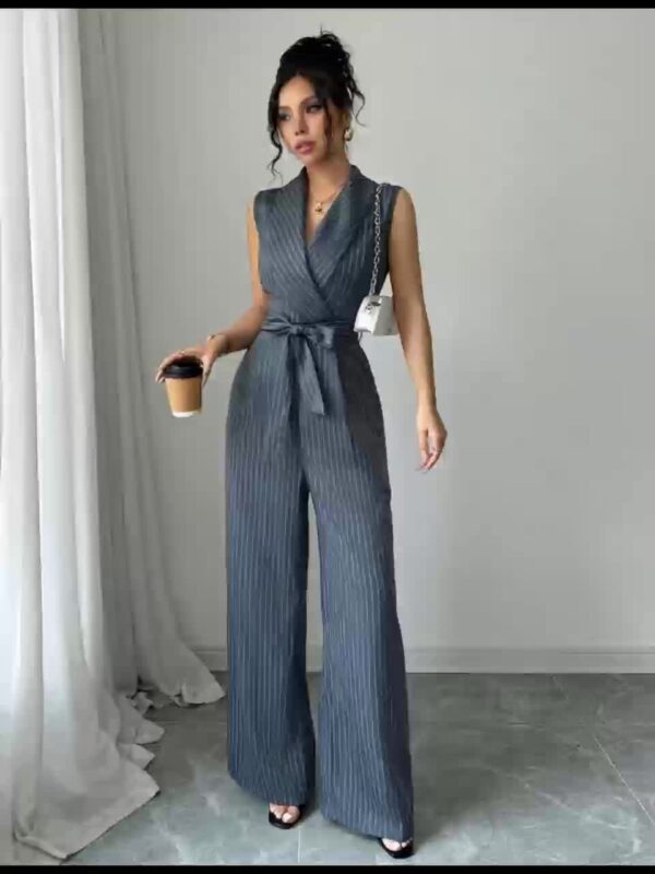 Elegant Striped Sleeveless Jumpsuit for Women - V-Neck, Belted Waist, Wide-Leg Pants, Casual Yet Chic Summer Outfit, White with Black Stripes, Belted Waist Jumpsuit - Image 11