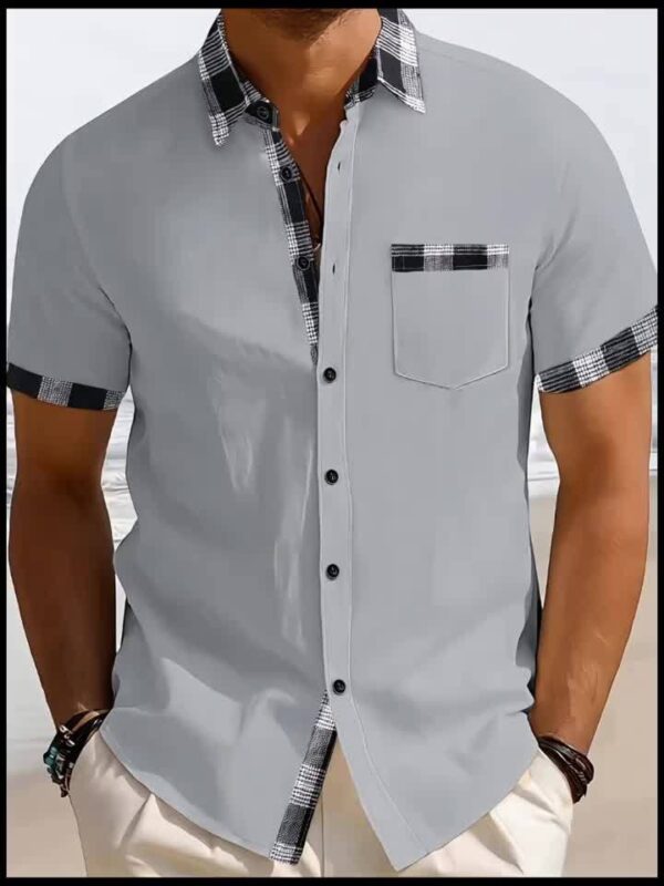 Men's Summer Casual Shirt - Plaid Design Short Sleeve Button-Up with Chest Pocket, Breathable Regular Fit for Streetwear & Couple Dating, Machine Washable, Shirts for Summer - Image 11