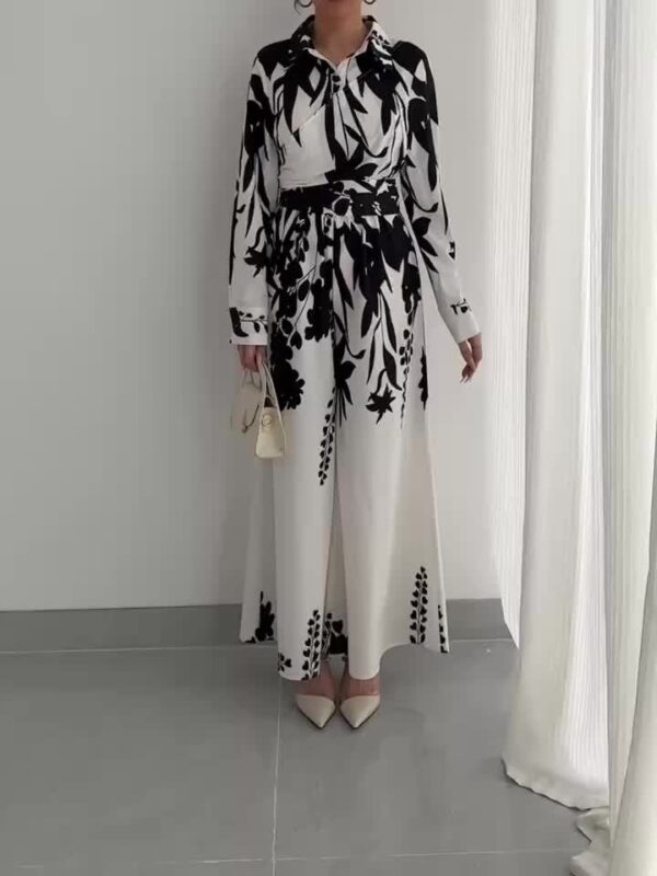 Women's leaf print shirt collar jumpsuit, long sleeve tie waist jumpsuit - Image 11