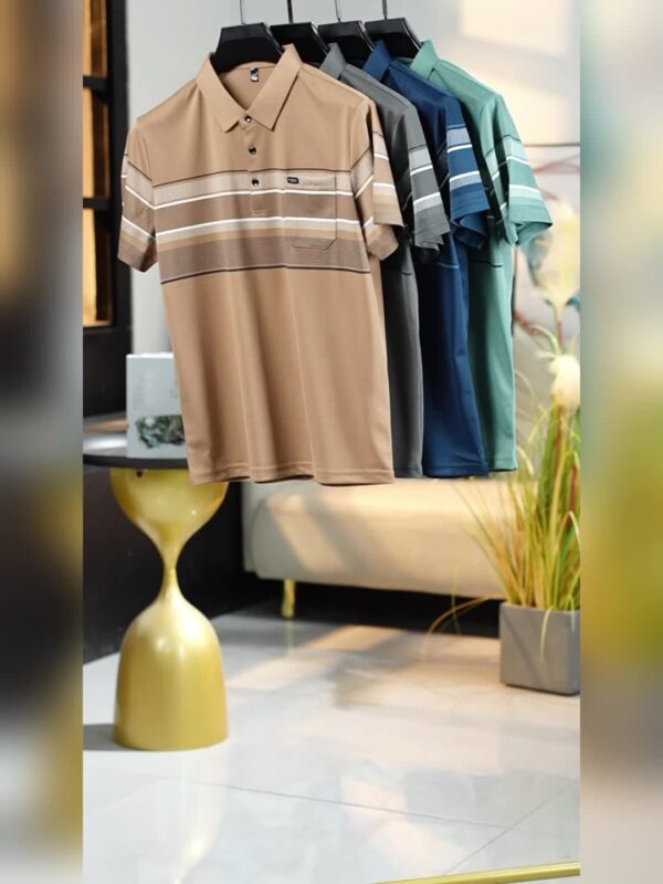 3pcs Men'S Summer Stripe Polo Shirts - Breathable Knit Fabric, Casual Short Sleeve Tees with Button Details, Sporty Dad Style for Business & Leisure - Image 10