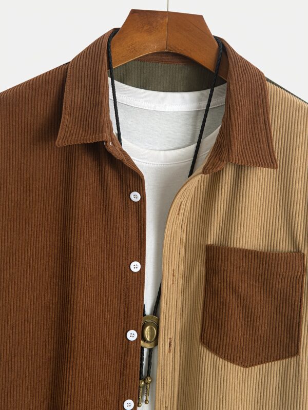 Men's Stylish Color Block Corduroy Button-Up Shirt with Chest Pocket - Short Sleeve, Olive Green & Beige Two-Tone Design, Casual Summer Wear for Everyday & Parties - Image 4