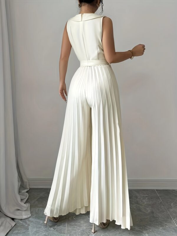 Women's Elegant Double-Breasted Pleated Jumpsuit - Sleeveless, Tie-Waist, V-Neck, Semi-Sheer Polyester - Beige, All-Season, Machine Washable, Versatile Clothing | Tiewaist Fashion | Sophisticated Look - Image 2