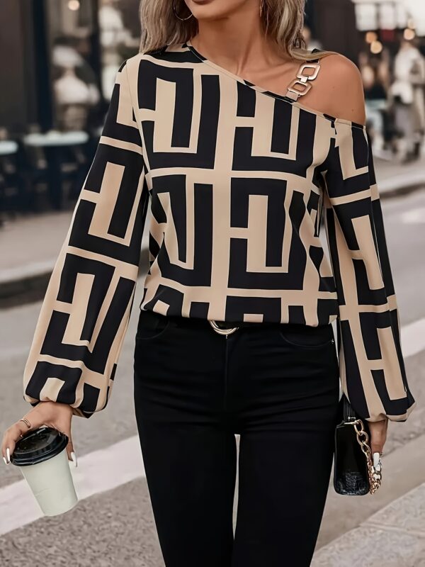 Women's Elegant Off-Shoulder Geometric Print Blouse - Stylish Asymmetrical Loose Fit Top with Chain Detail, Black & Beige Pattern, Perfect for Spring/Summer Outfits - Image 3