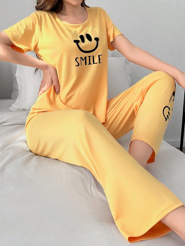 Women'S Casual Yellow joyful Face Pajama Set - Short Sleeve, Long Pants, Crew Neck, All-Season Sleepwear, Comfortable Loungewear, Casual Loungewear|Playful Design|Soft Texture - Image 25
