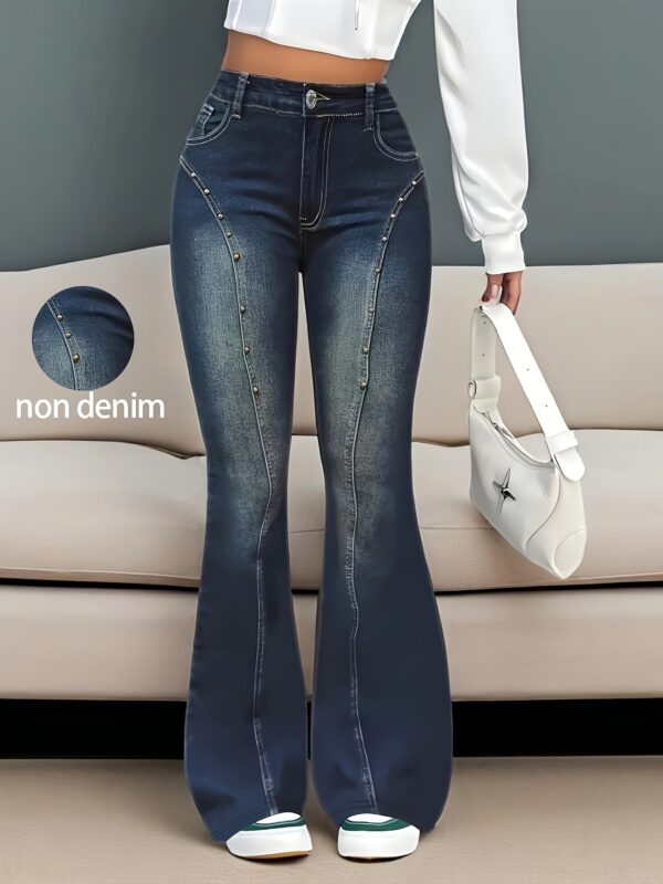 【imitation denim】Ladies' High-Waisted Flared Leggings - Faux Denim Printed Stretchy Long Pants, Suitable for All Seasons, Machine Washable, Non-Transparent Faux Denim Style Casual And Formal Trousers, Comfortable And Fitted High-Waisted Skinny Pants.