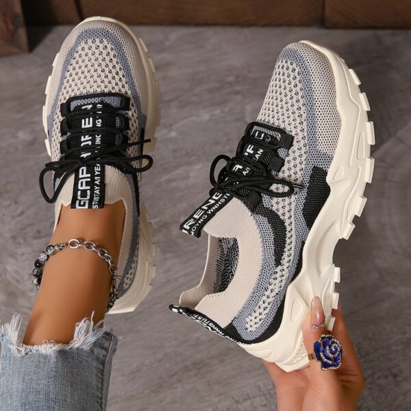Women's Fashion Breathable Mesh Sneakers - Comfortable Low-Top Casual Lace-Up, Thick Sole Sneakers in Black/White, Beige/Grey, and Blue/Pink, Geometric Pattern, All-Season Wear - Image 13