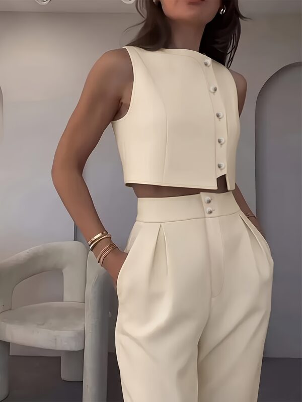 Elegant Beige Sleeveless Office Suit for Women - Chic Pants and Vest Combo with Button Details, Perfect for Summer Commute, Office Attire|Sleek Formal Attire|Smooth Texture Fabric